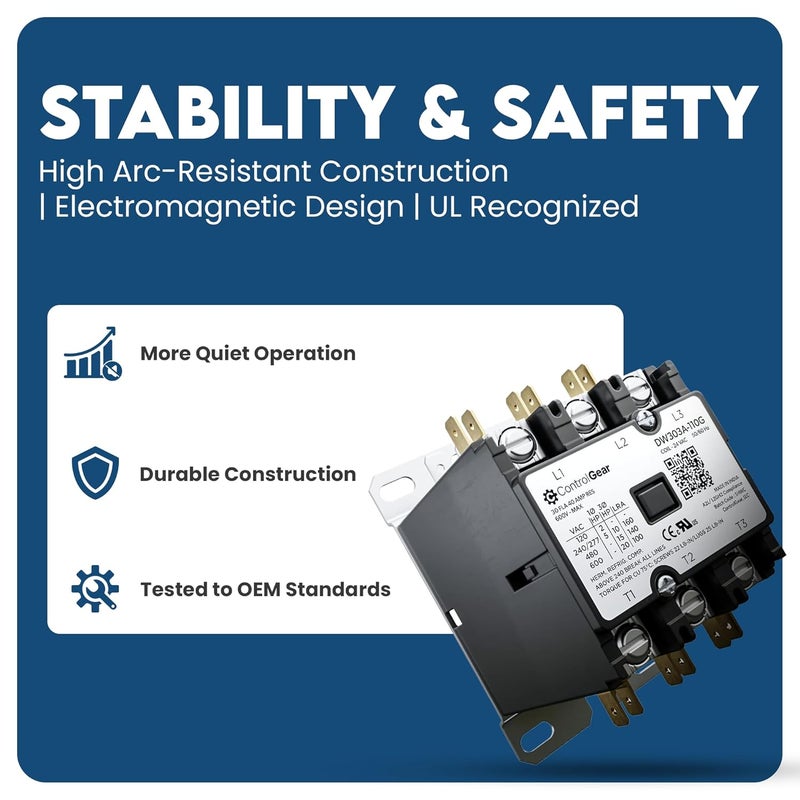 ControlGear 3 Pole Definite Purpose Contactor 24V Coil, 30 Amp Definite Purpose, UL Recognized and Approved for use with A2L Refrigerants, Line Lugs, Load Screws, DW303A-11 (3P 30A 24V Coil) - Image 2